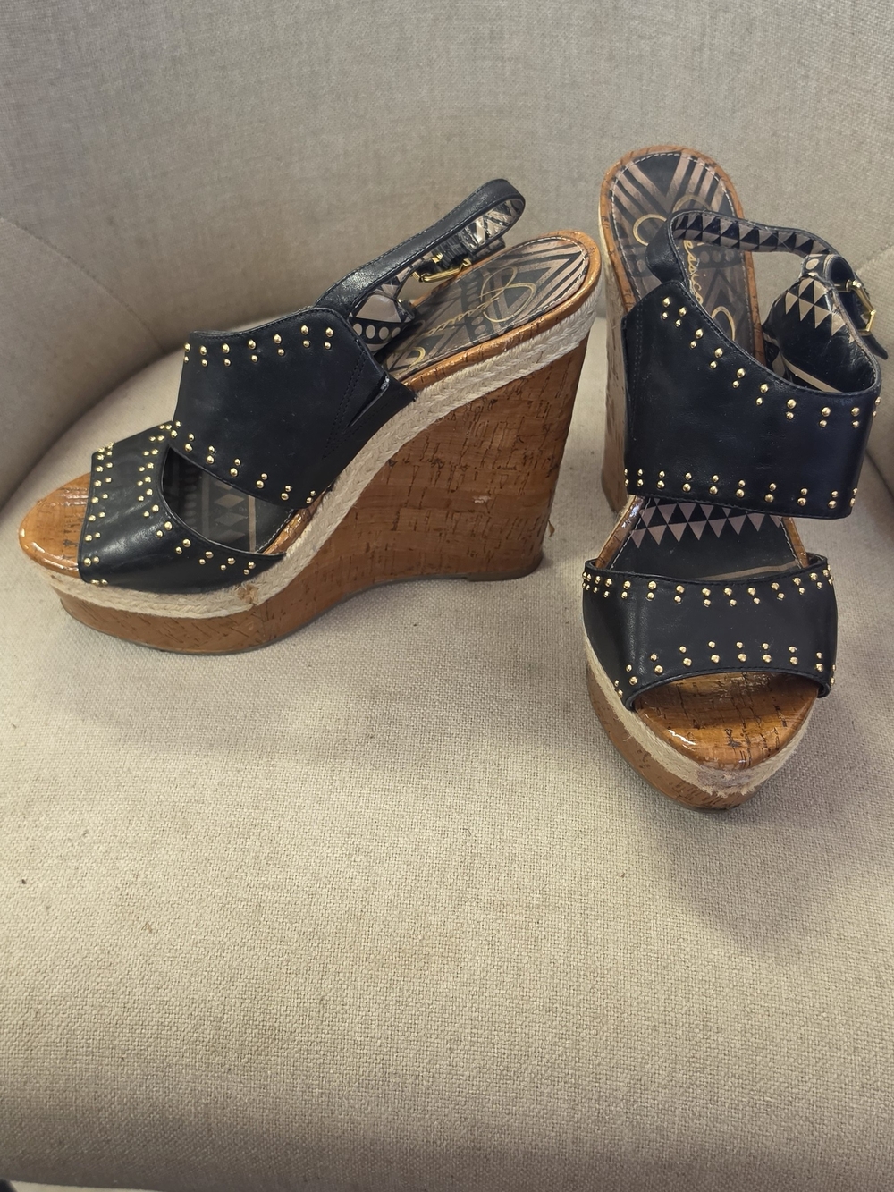 Black Studded Cork Wedge Sandals - Women's